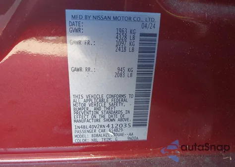 2024 Nissan Altima Sv Fwd из США, поврежденный, VIN 1N4BL4DV2RN412035